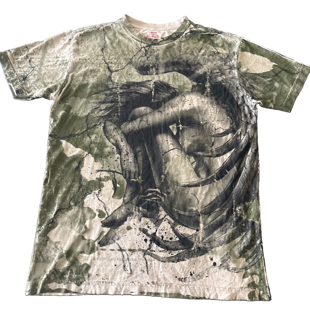 Affliction T Shirt Sad Crying Angel Green Brown Mens L cotton short slv limited